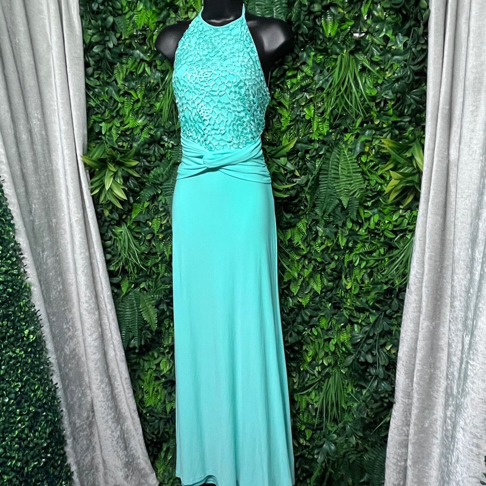 Va Va Voom Dress MediumTurquoise Halter Rhinestone Accent Knot‎ Waist Maxi  3576